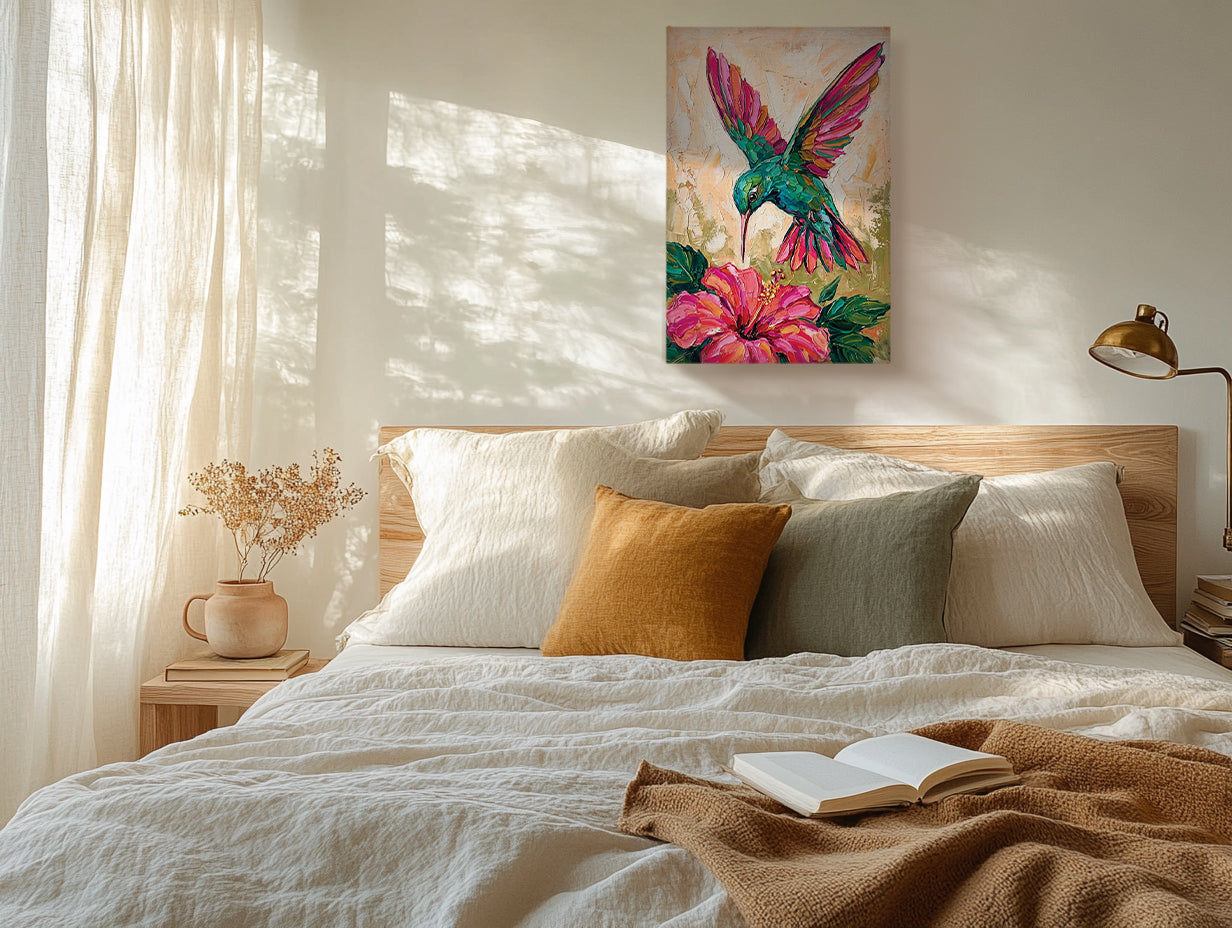 Hummingbird Canvas Wall Art Colorful Painting with Flower, Botanical Bird Prints for Living Room Bedroom Office