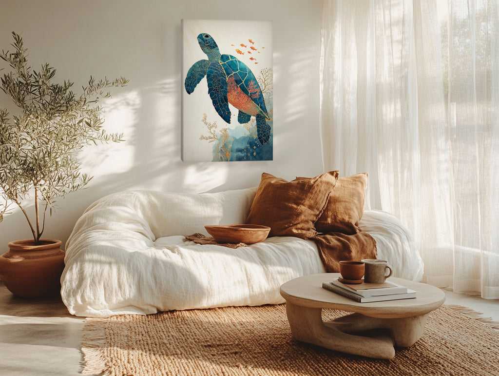 Sea Turtle Canvas Wall Art with Coral Reef and Gold Line Design
