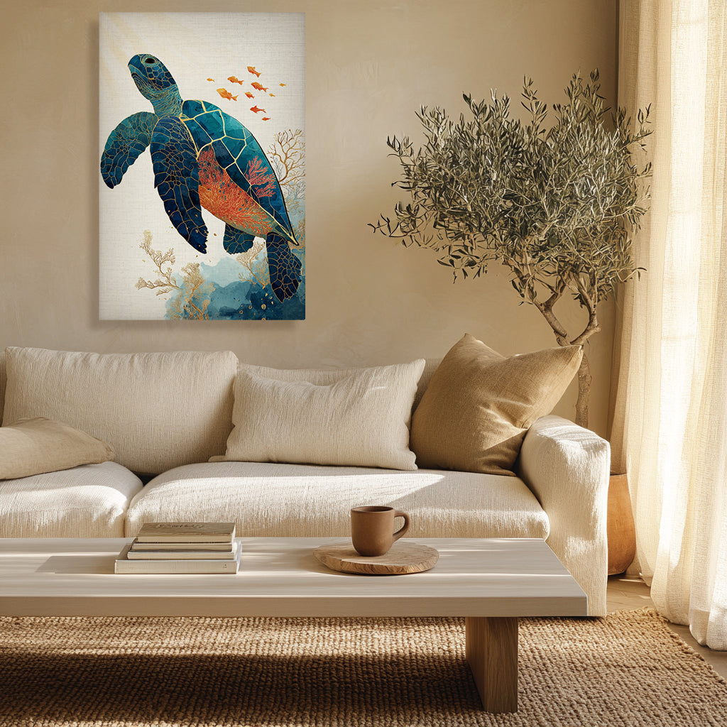 Sea Turtle Canvas Wall Art with Coral Reef and Gold Line Design