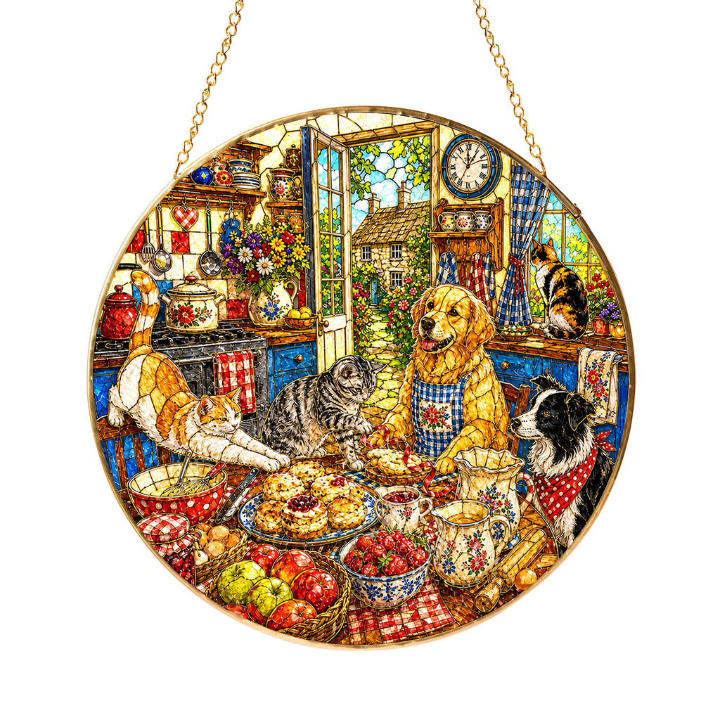 Cats and dogs cottage stained glass suncatcher