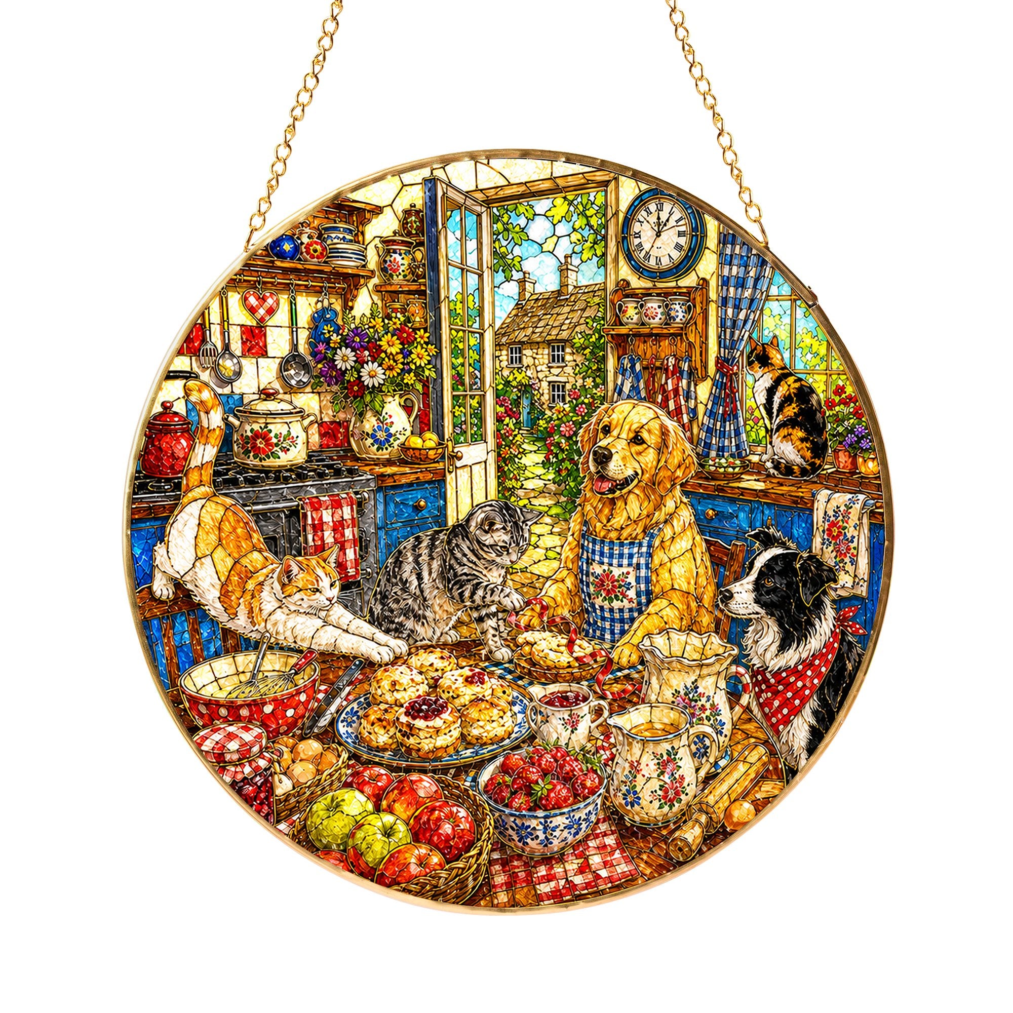 Cats and dogs cottage stained glass suncatcher
