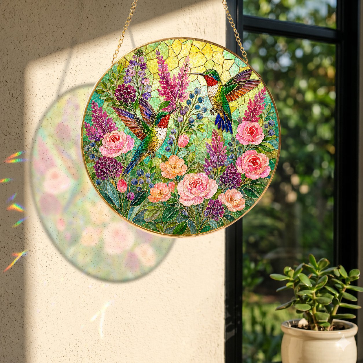 Hummingbird Floral Stained Glass Suncatcher