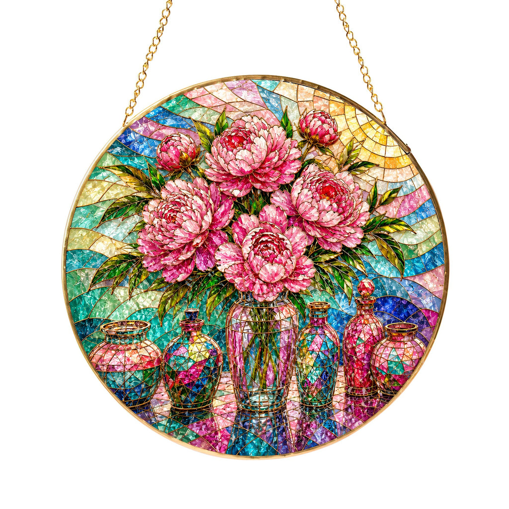 Pink Peony Stained Glass Suncatcher