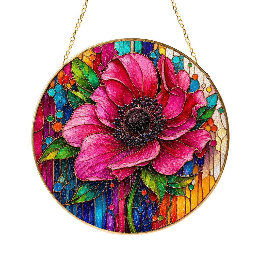 Pink Anemone Floral Stained Glass Suncatcher