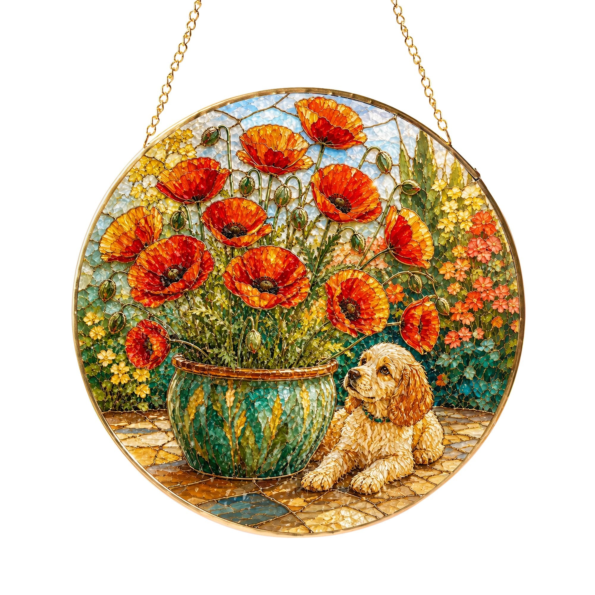 Poppy and Puppy Stained Glass Suncatcher
