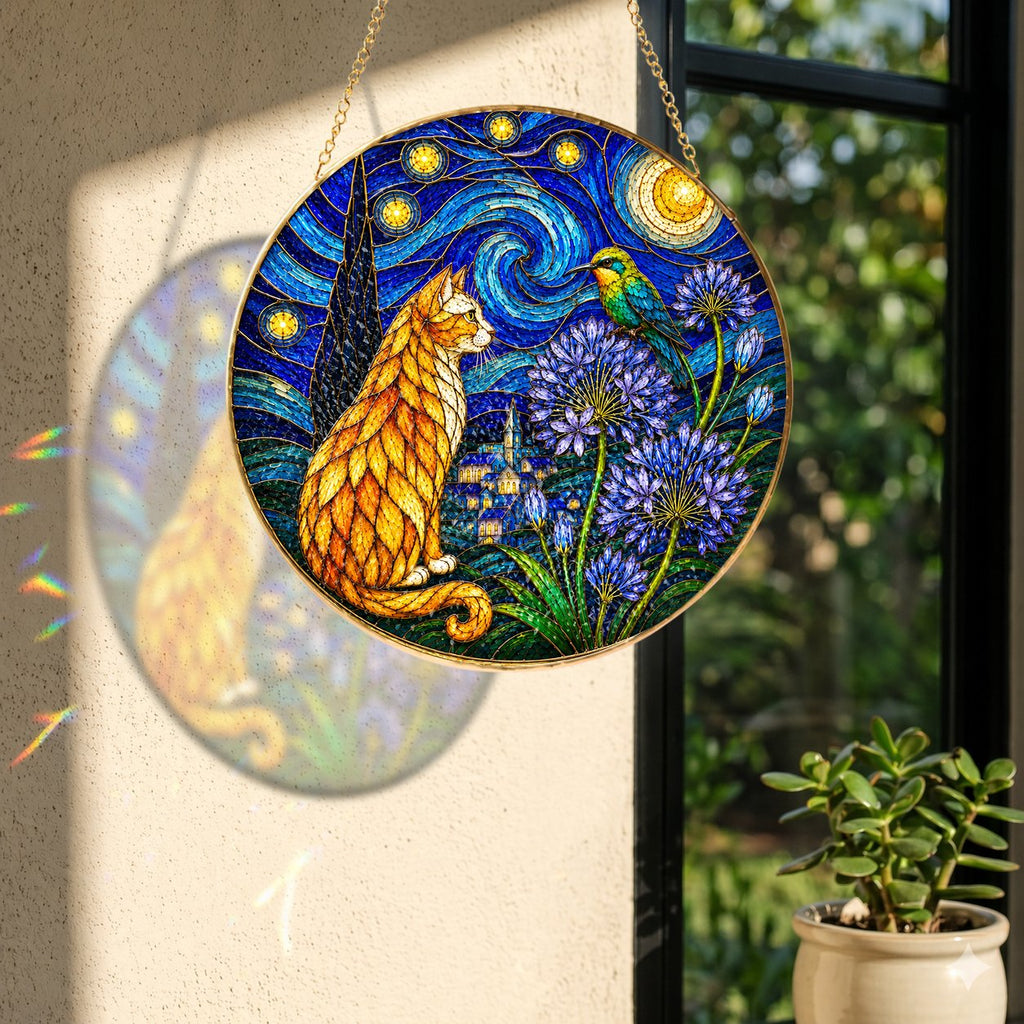 Starry Night Cat Stained Glass Suncatcher