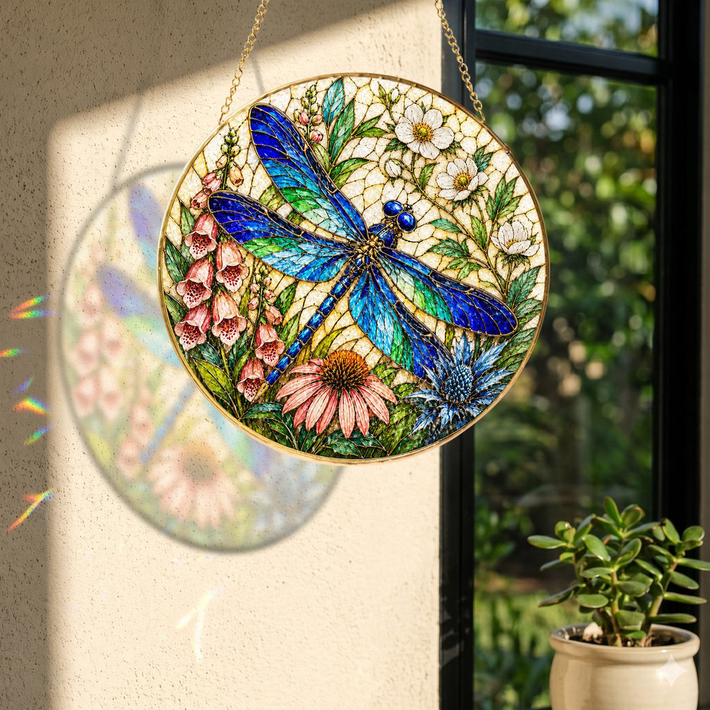 Dragonfly Floral Stained Glass Suncatcher