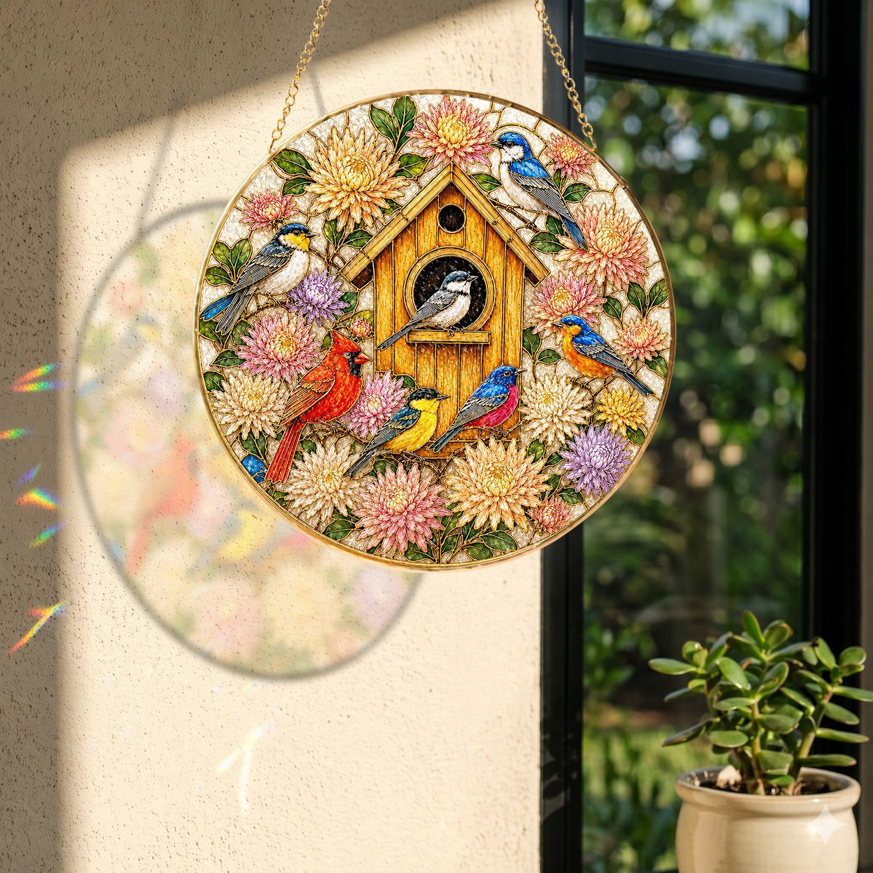 Birdhouse Birds Stained Glass Suncatcher