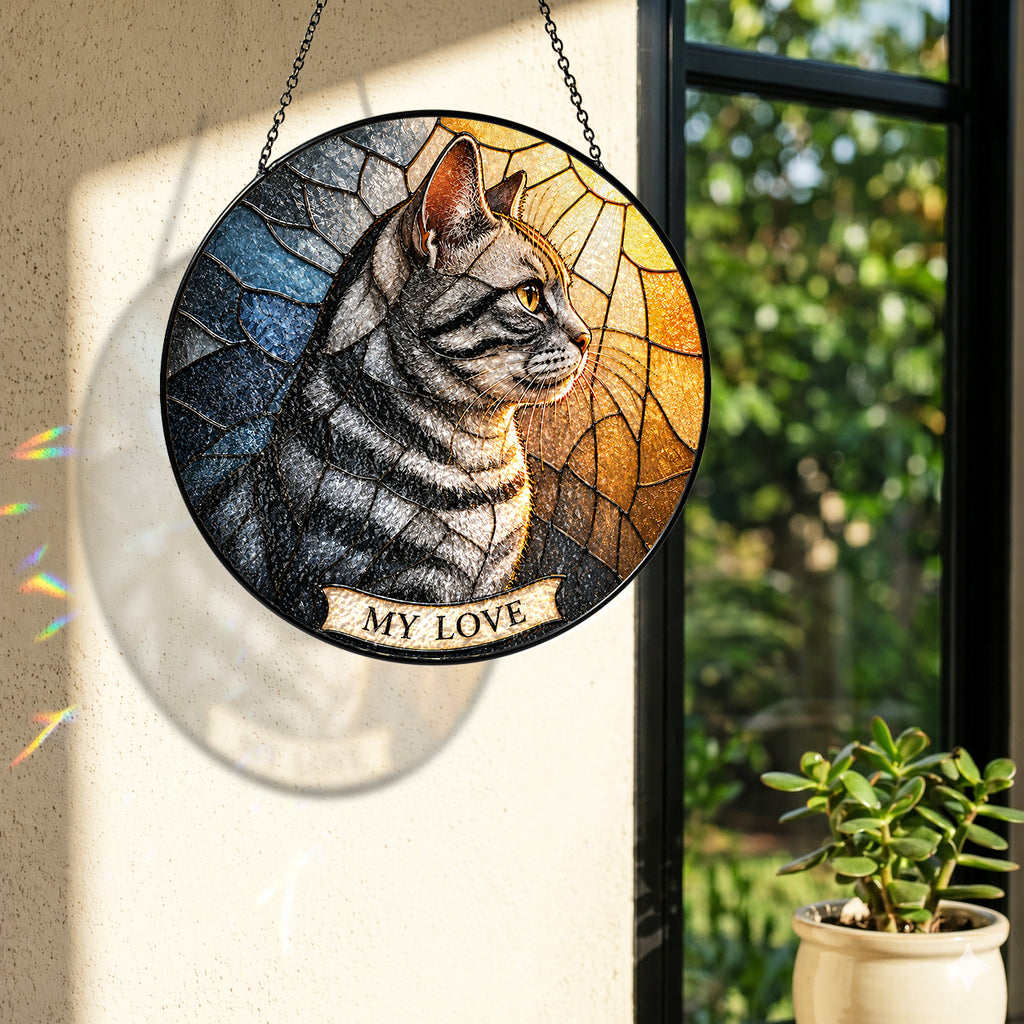 Tabby Cat Memorial Suncatcher in sunlight