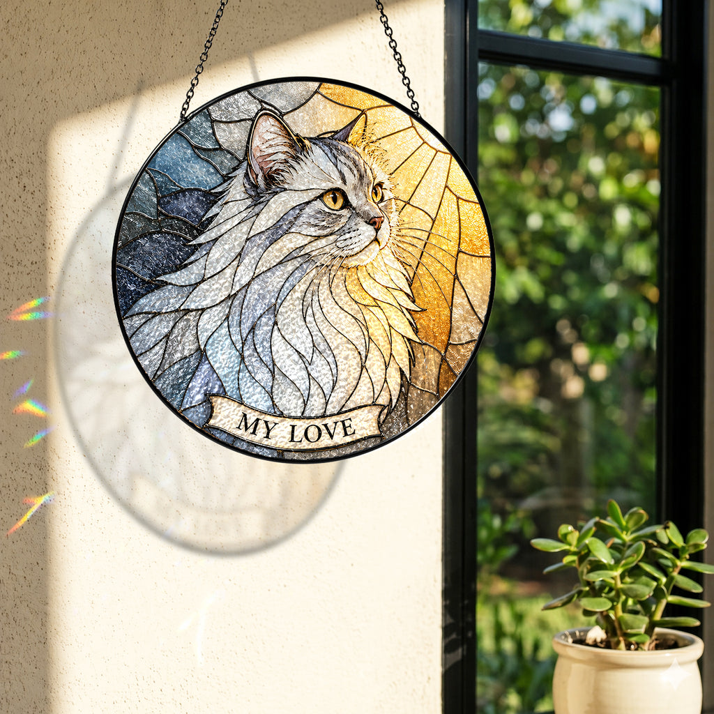 White Cat Memorial Suncatcher in sunlight