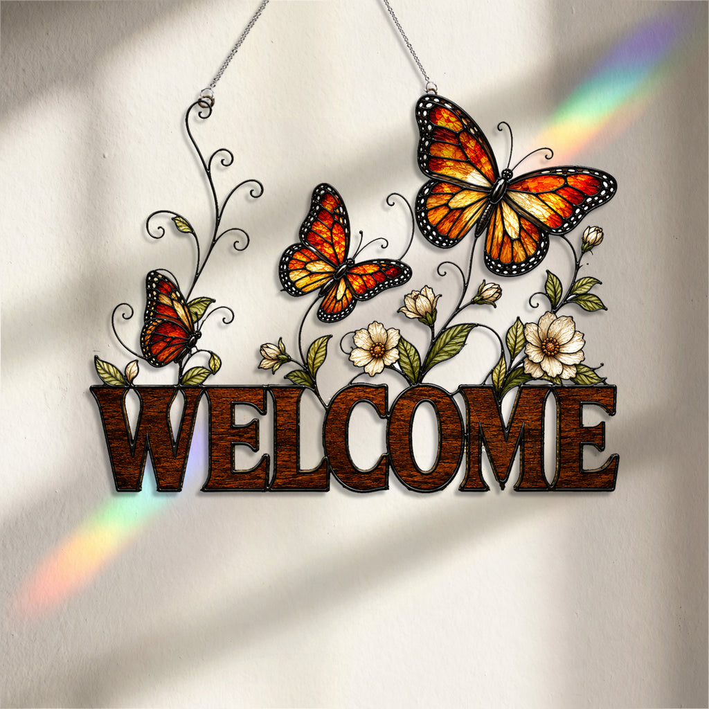 Butterfly Welcome Sign Holographic Acrylic Suncatcher