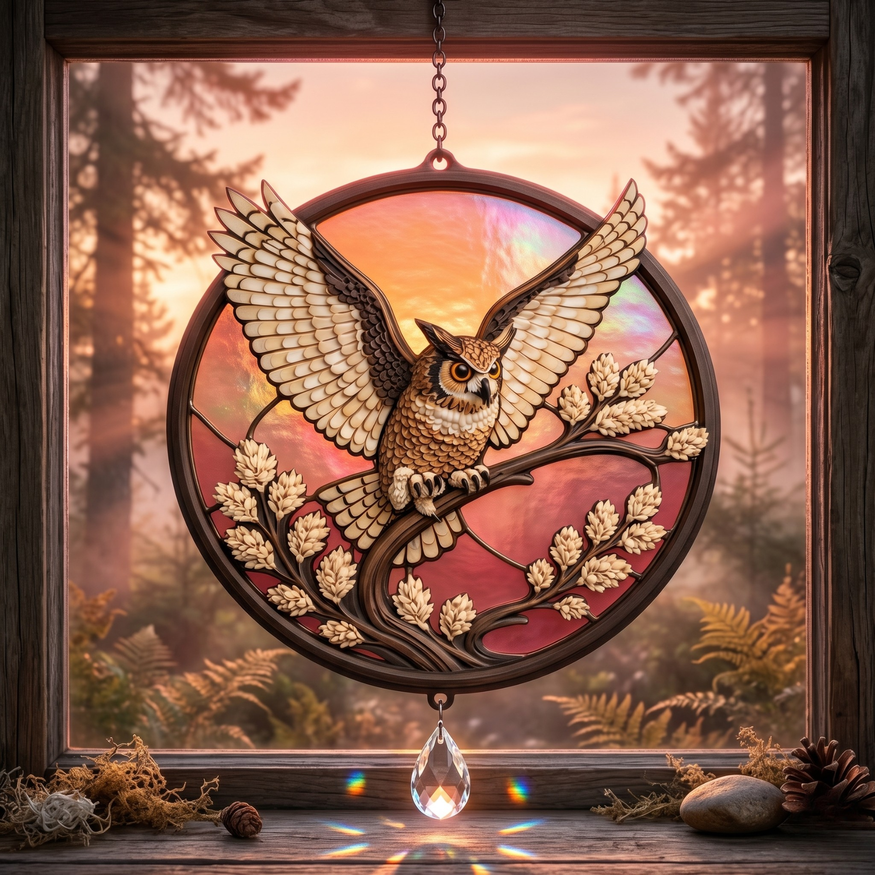 Owl Stained Glass Suncatcher Window Hanging with Crystal Prism
