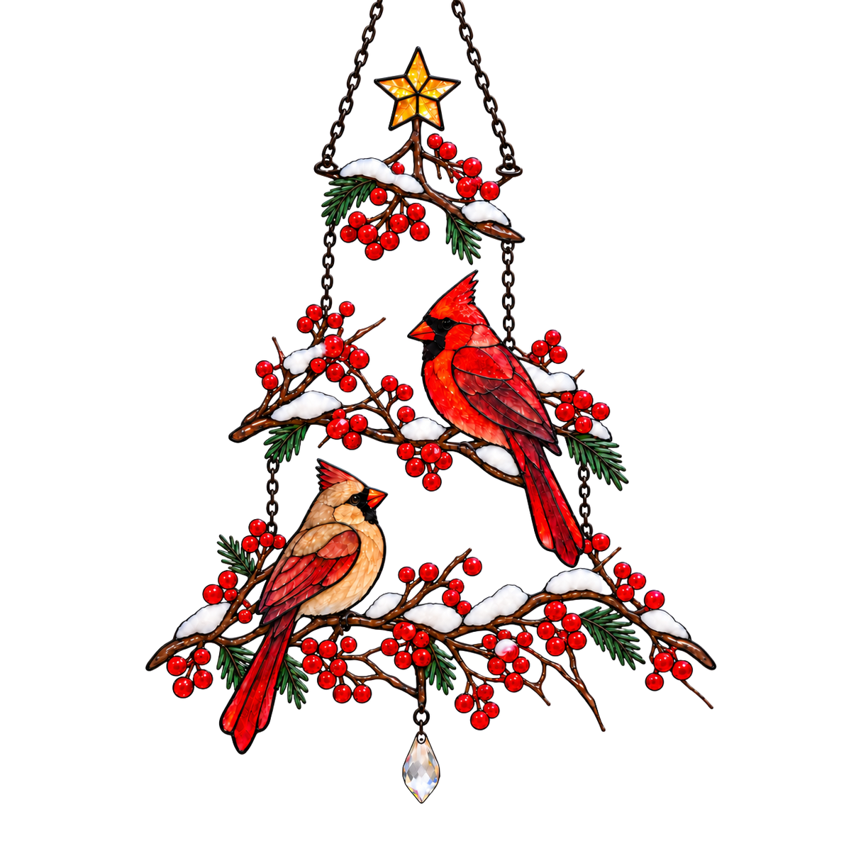 Cardinal Pair Winterberry Christmas Tree Holographic Acrylic Suncatcher