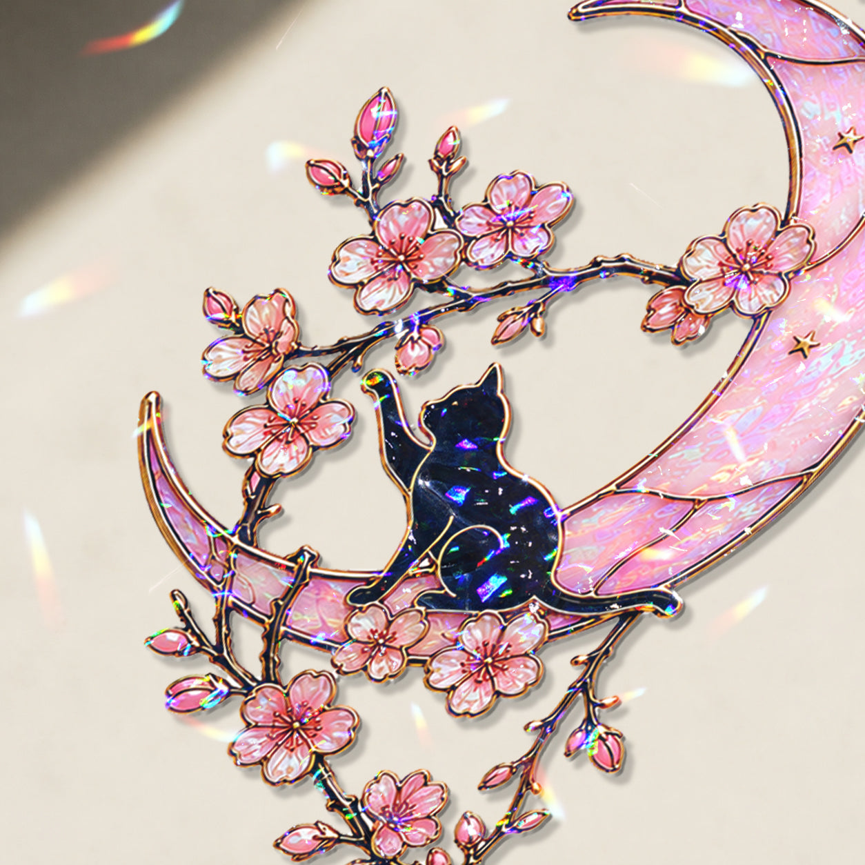 Black Cat & Cherry Blossom Moon Holographic Acrylic Suncatcher