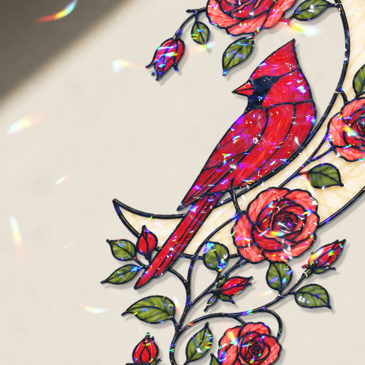 Cardinal Pair & Roses Crescent Moon Holographic Acrylic Suncatcher