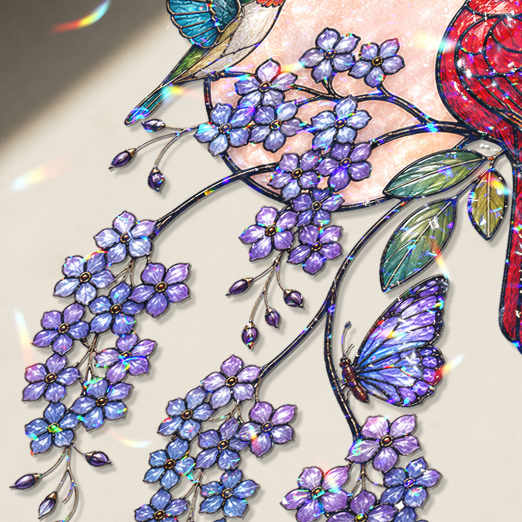 Cardinal & Hummingbird Forget-Me-Not Moon Holographic Acrylic Suncatcher