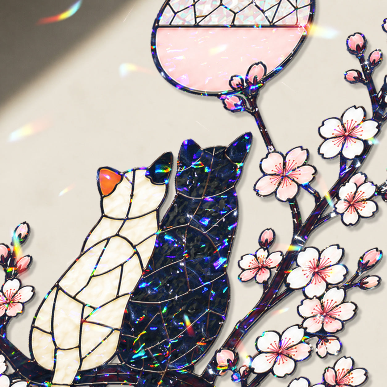 Cat Couple & Cherry Blossom Moon Holographic Acrylic Suncatcher