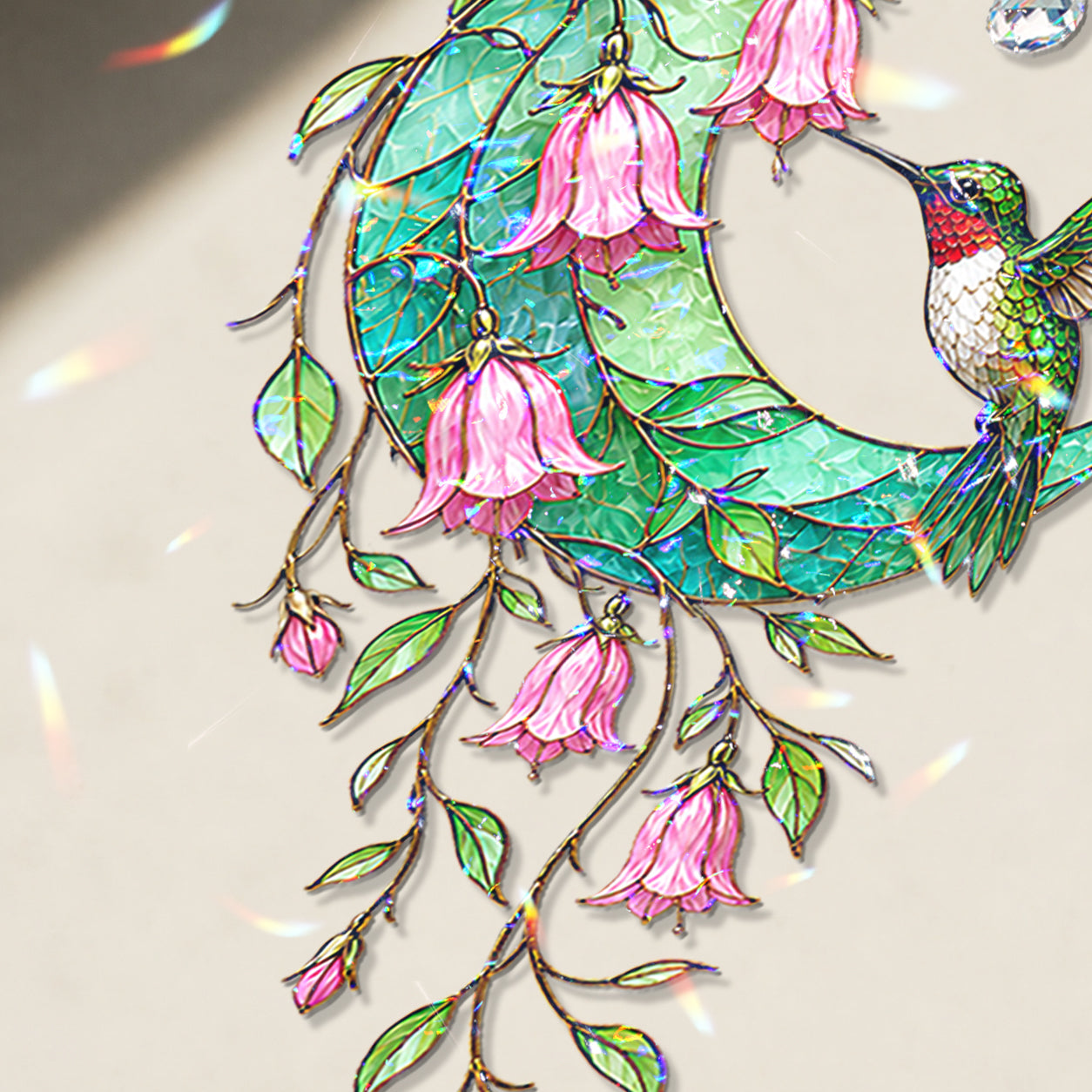 Hummingbird Teal Crescent Moon Holographic Acrylic Suncatcher with Crystal