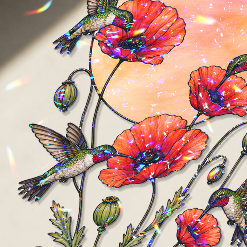 Hummingbirds & Red Poppy Sunset Moon Holographic Acrylic Suncatcher
