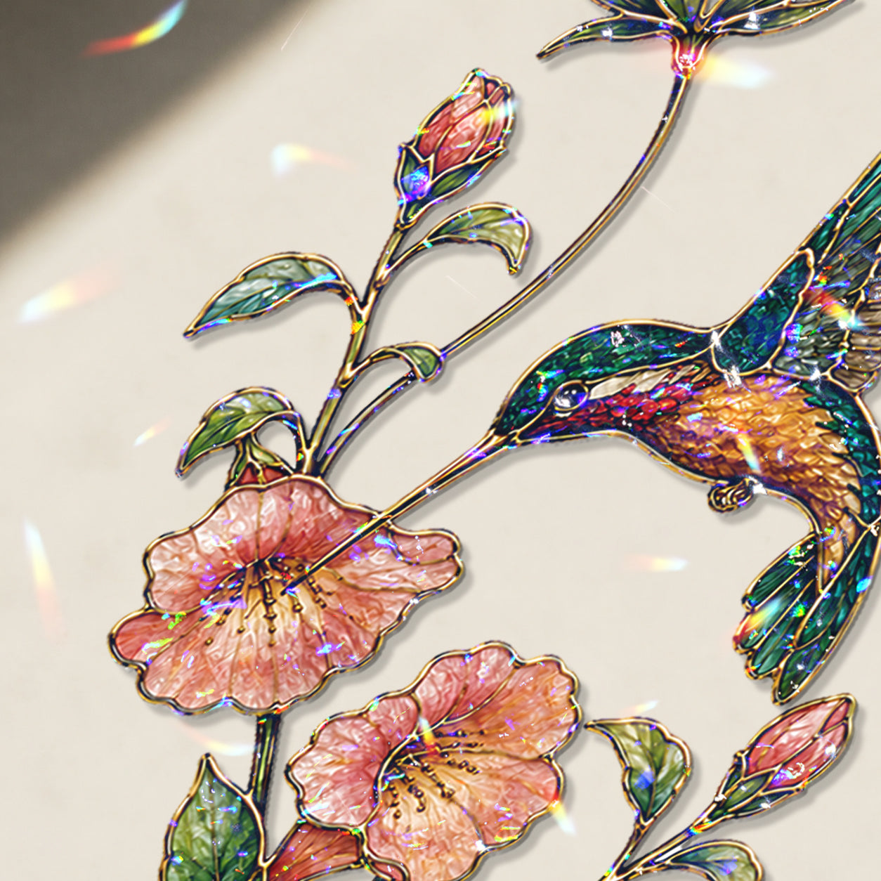 Hummingbird & Trumpet Flower Pearl Moon Holographic Acrylic Suncatcher