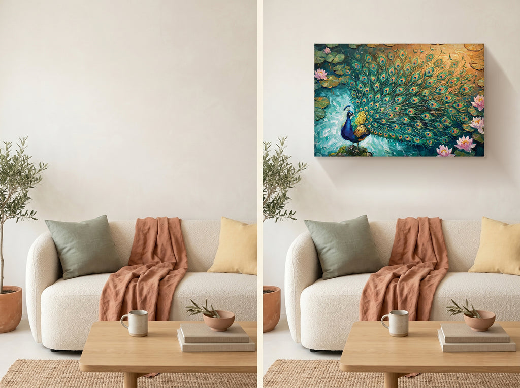 Peacock Canvas Wall Art Teal Blue Green Peacock Painting, 3D Feather Look for Living Room Bedroom Office