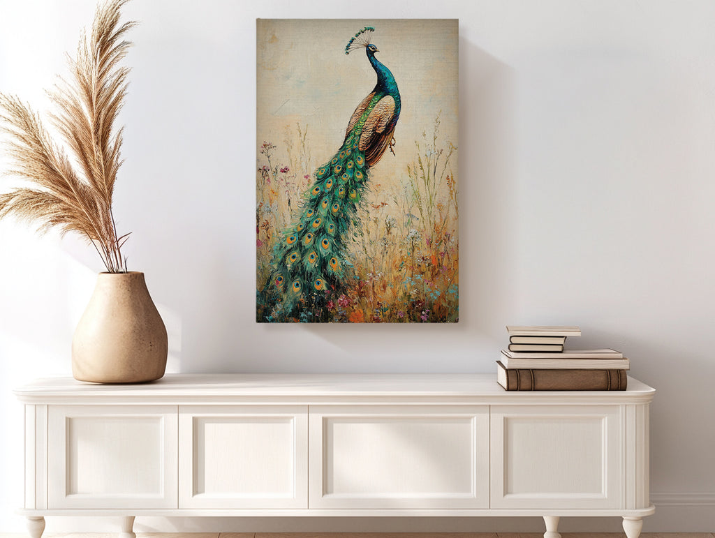 Peacock Canvas Wall Art Vintage Peacock Painting with Wildflowers