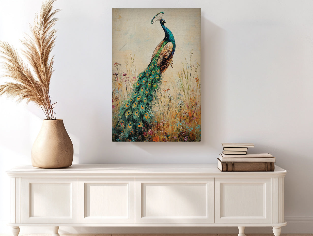 Peacock Canvas Wall Art Vintage Peacock Painting with Wildflowers