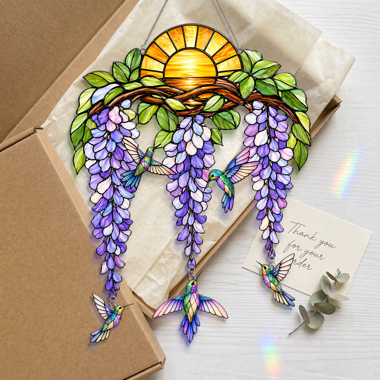 Stained Glass Hummingbird Suncatcher Window Hanging , Colorful Rainbow Window Decor