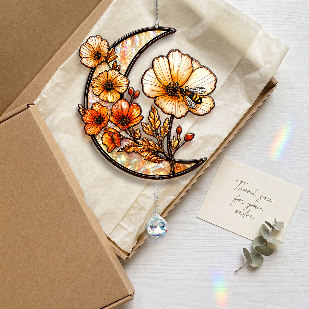 Crescent Moon Stained Glass Suncatcher with Flowers and Bee