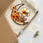 Crescent Moon Stained Glass Suncatcher with Flowers and Bee