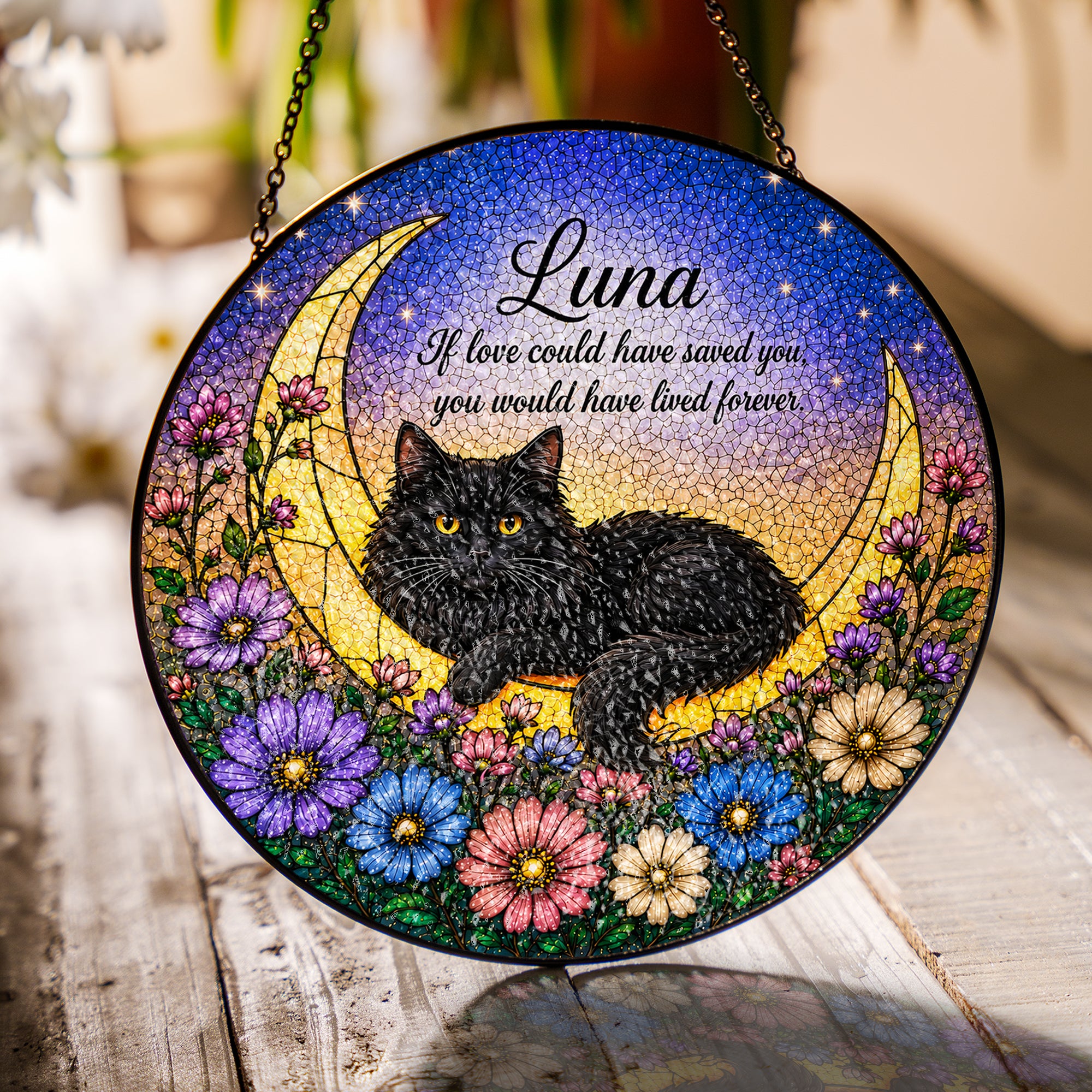 Personalized Cat Memorial Moon Stained Glass Suncatcher
