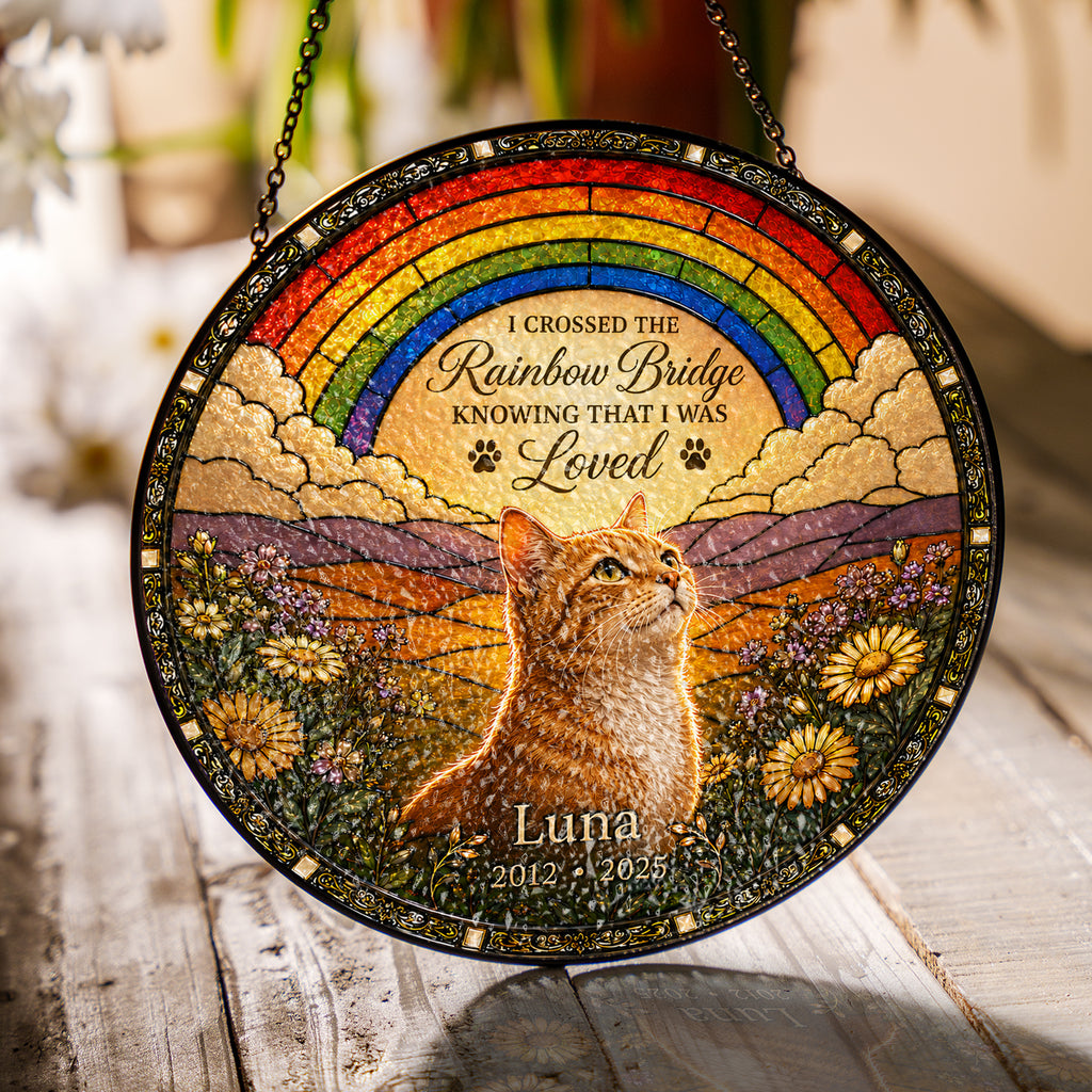 Personalized Rainbow Bridge Cat Memorial Glass Suncatcher