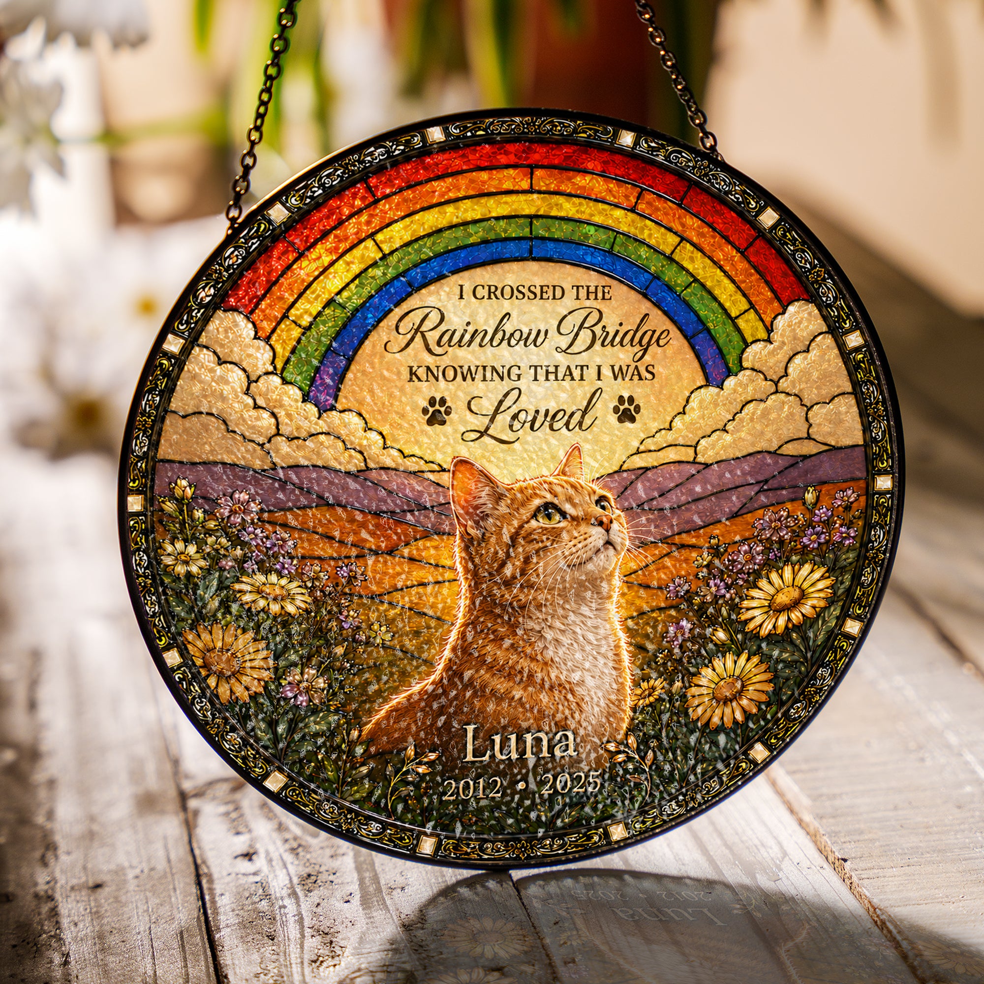 Personalized Rainbow Bridge Cat Memorial Glass Suncatcher