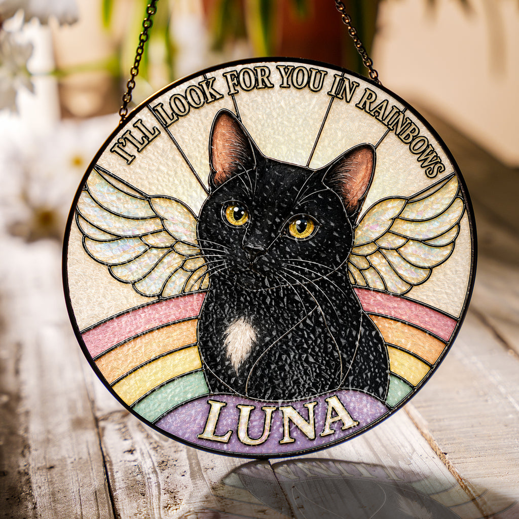 Personalized Cat Memorial Angel Wings Stained Glass Suncatcher