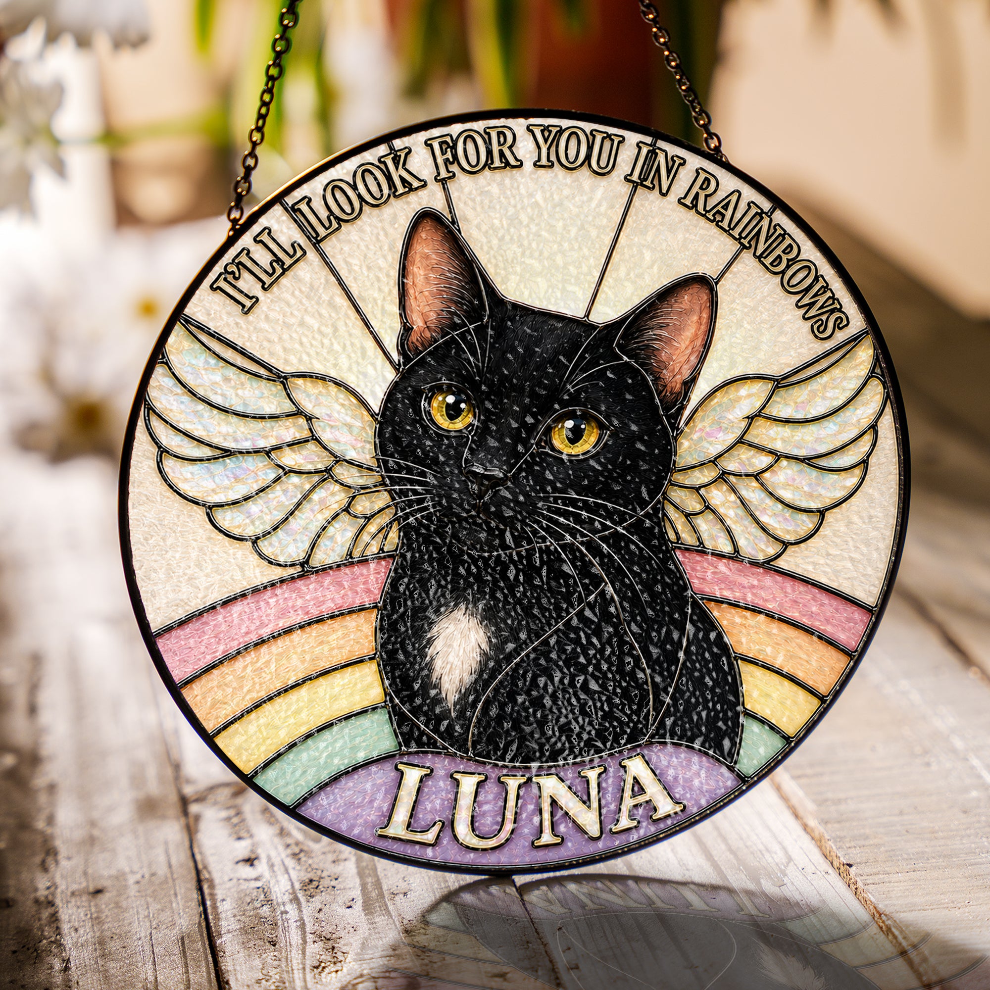 Personalized Cat Memorial Angel Wings Stained Glass Suncatcher