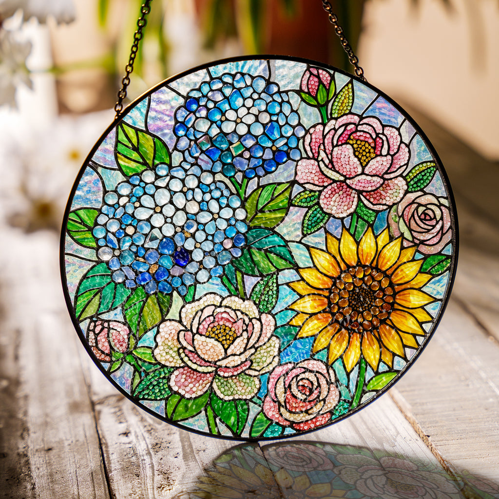 Hydrangea Sunflower Rose Stained Glass Suncatcher