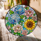 Hydrangea Sunflower Rose Stained Glass Suncatcher