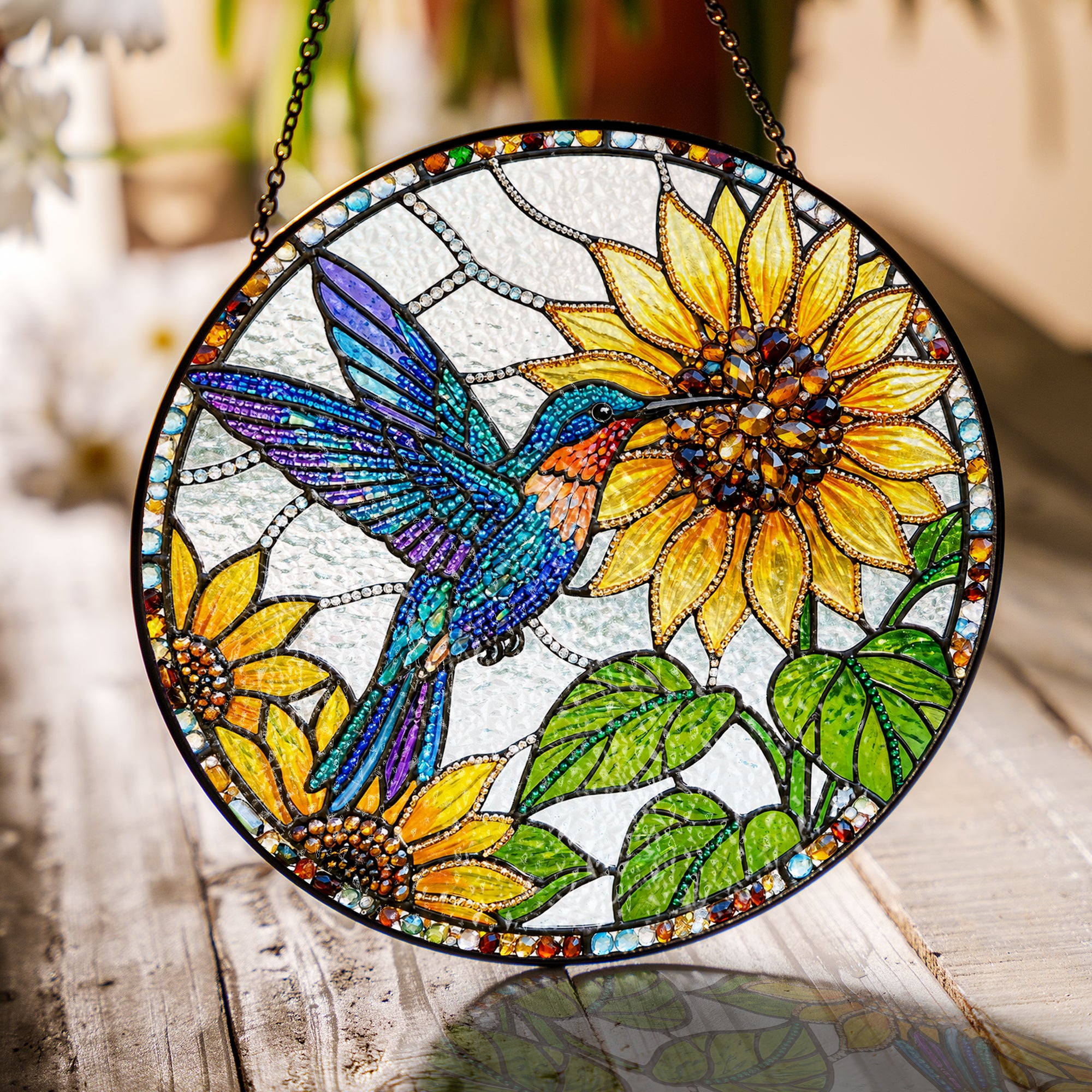 Hummingbird Sunflower Stained Glass Suncatcher