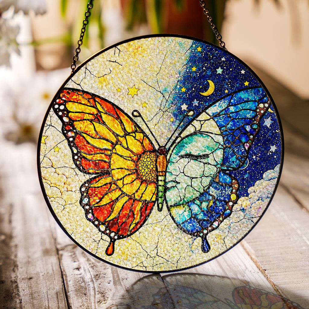 Butterfly Sun & Moon Stained Glass Suncatcher