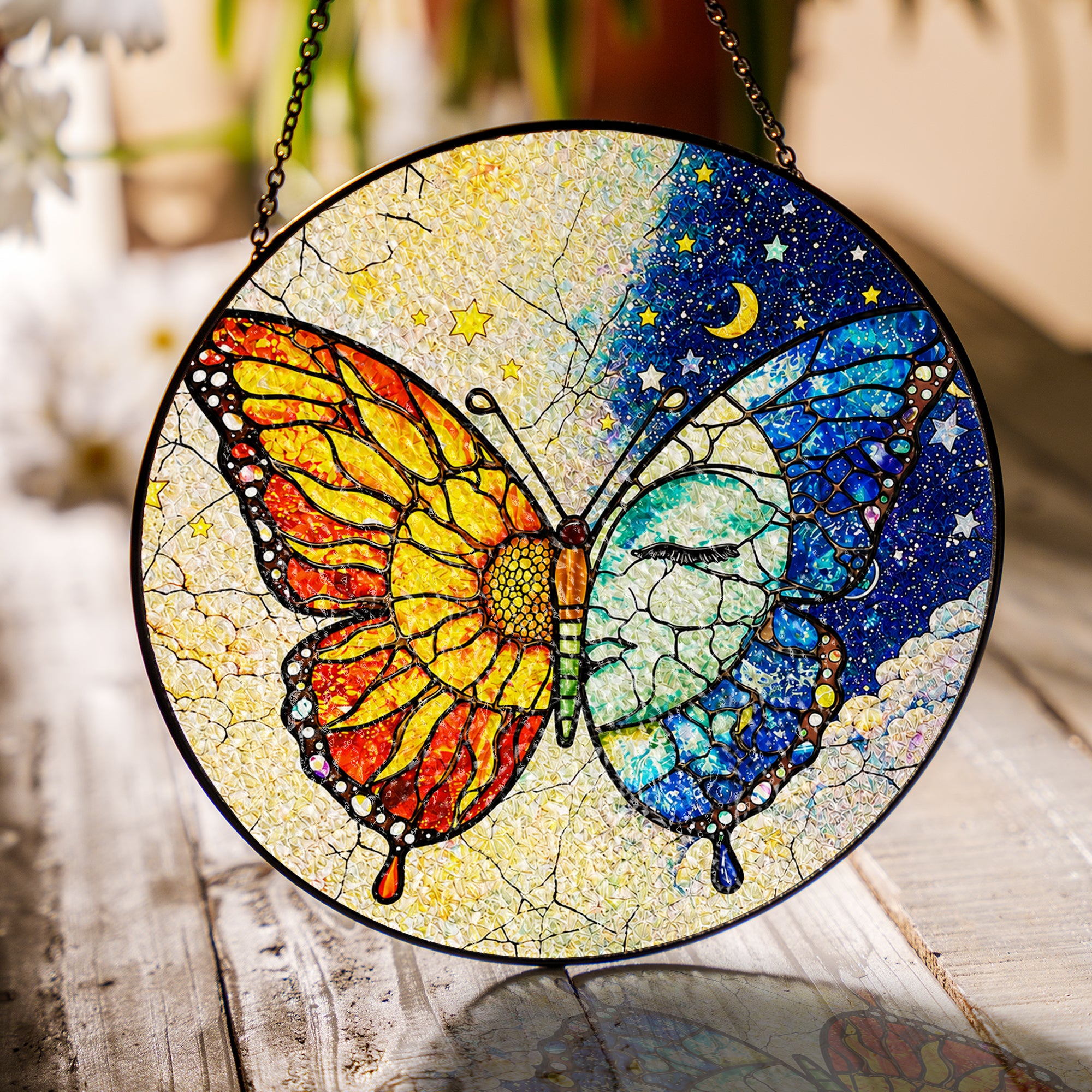 Butterfly Sun & Moon Stained Glass Suncatcher