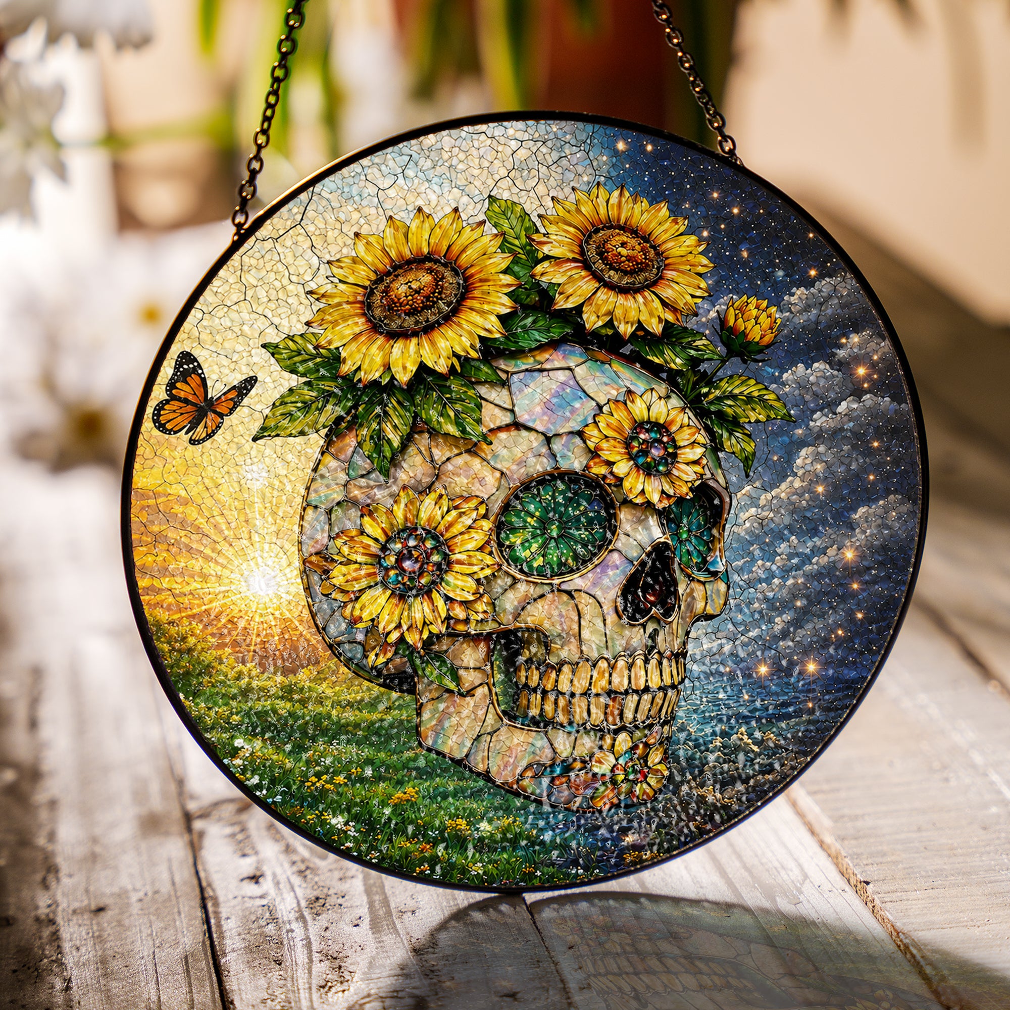 Sunflower Skull Stained Glass Suncatcher