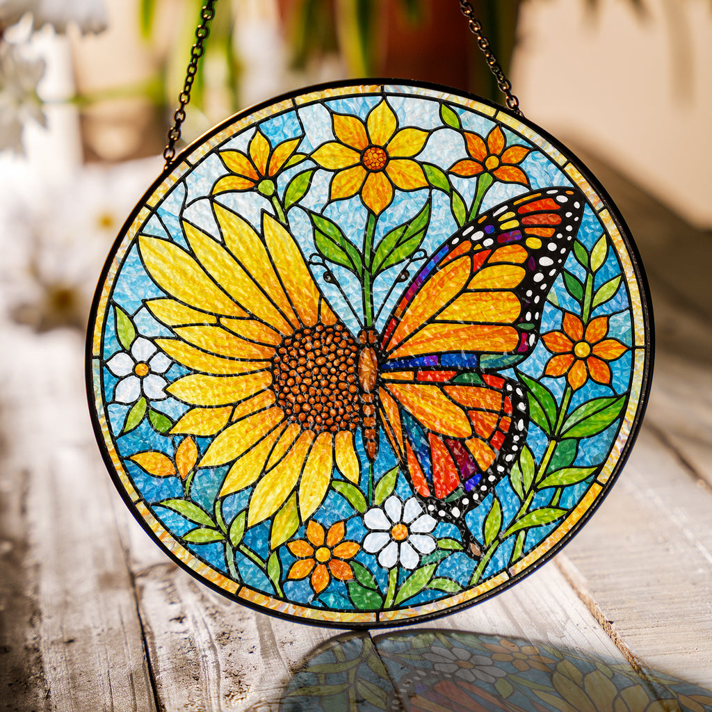 Sunflower & Monarch Butterfly Stained Glass Suncatcher