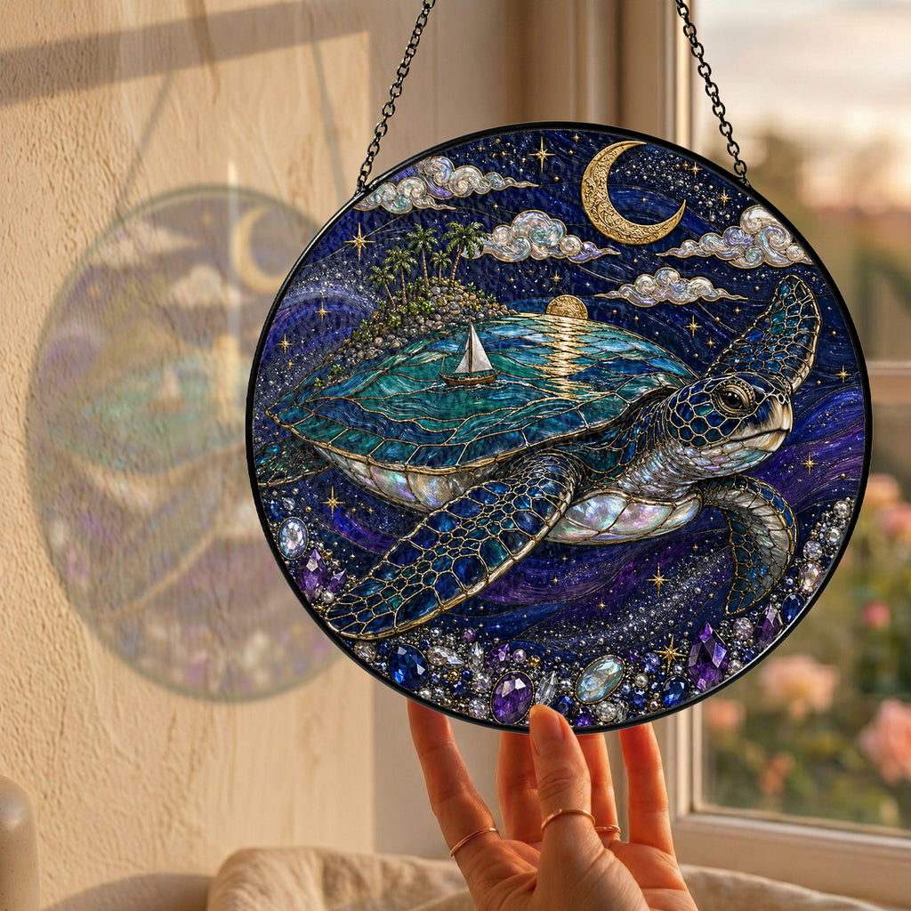 [PIXIWOO] Stained Glass Suncatcher Sea Turtle Window Hanging Decor, Ocean Turtle Island Acrylic Ornament, Moon Star Coastal Wall Art, Fantasy Beach House Sun Catcher Gift for Turtle Lovers