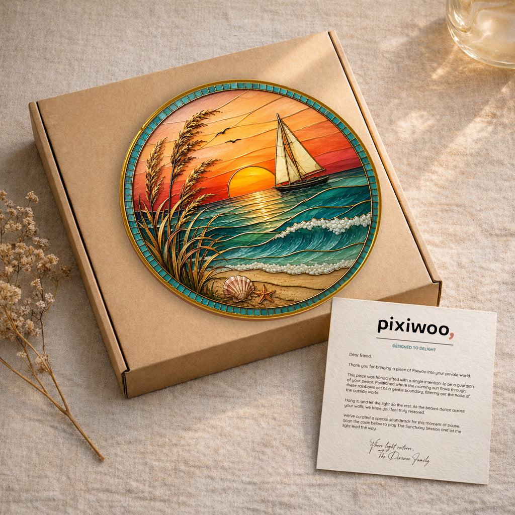 [ PIXIWOO] Stained Glass Suncatcher Sunset Sailboat Window Hanging Decor, Ocean Beach Acrylic Ornament, Coastal Beach House Wall Art, Nautical Sea Waves Sun Catcher Gift for Ocean Lovers