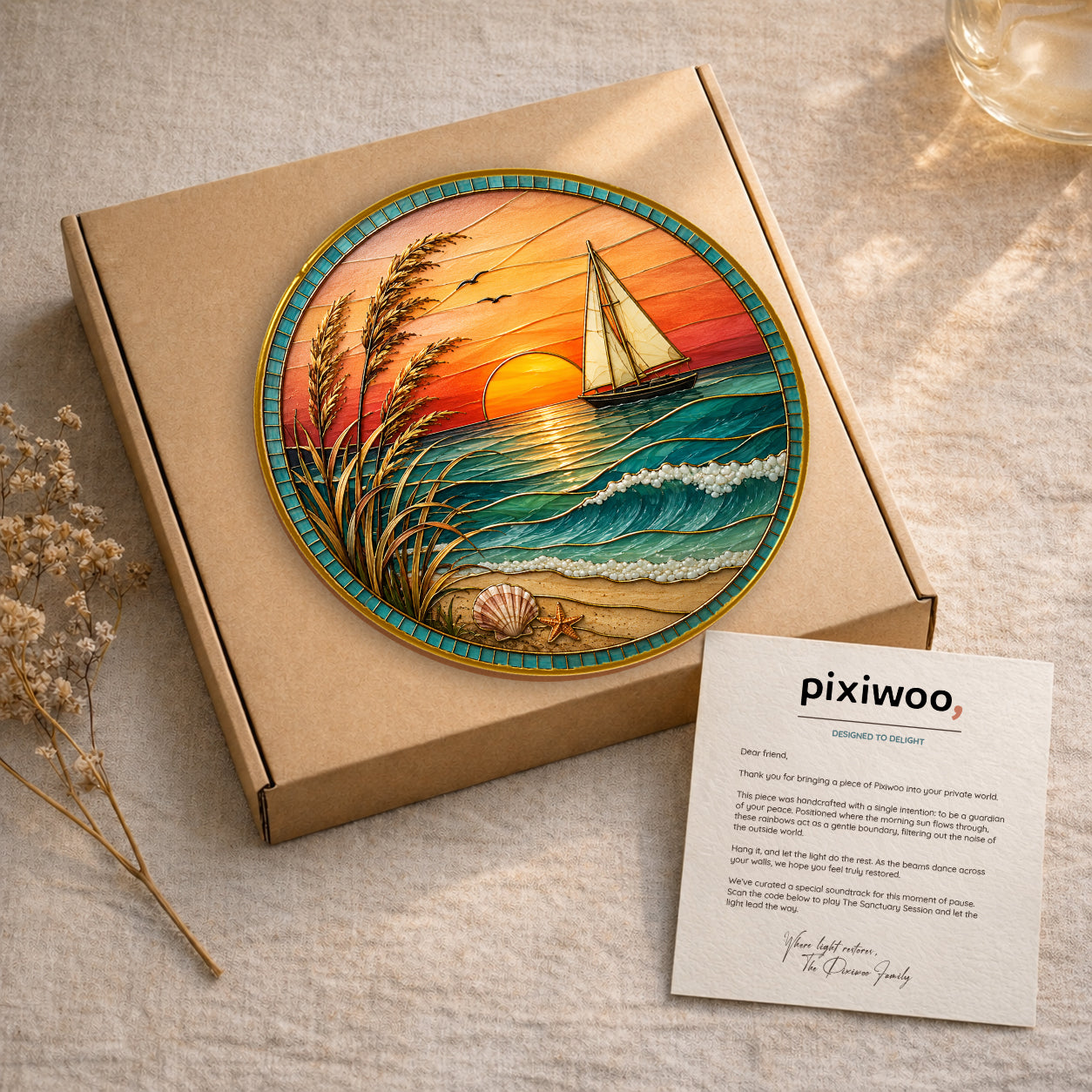 [ PIXIWOO] Stained Glass Suncatcher Sunset Sailboat Window Hanging Decor, Ocean Beach Acrylic Ornament, Coastal Beach House Wall Art, Nautical Sea Waves Sun Catcher Gift for Ocean Lovers