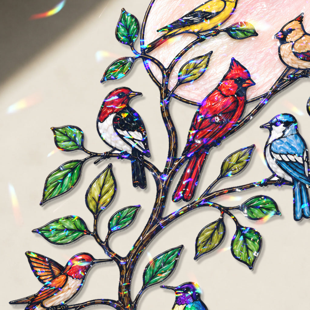 Songbirds on a Branch Pink Moon Holographic Acrylic Suncatcher