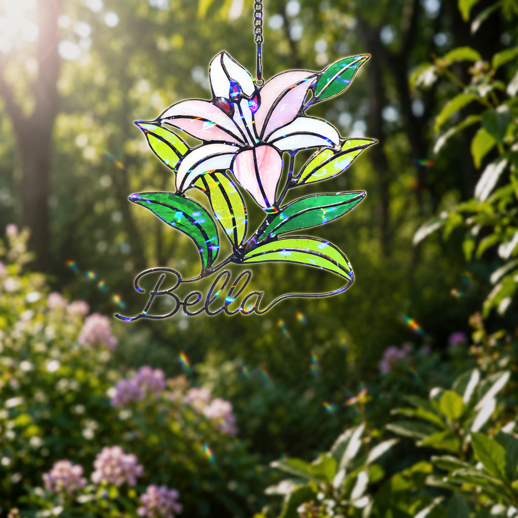 Personalized Pink Lily Flower Holographic Acrylic Suncatcher
