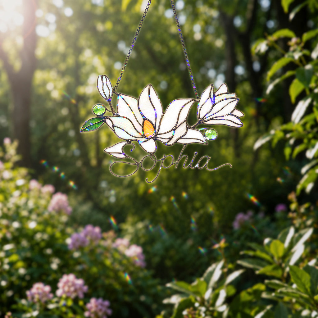 Personalized White Magnolia Branch Holographic Acrylic Suncatcher