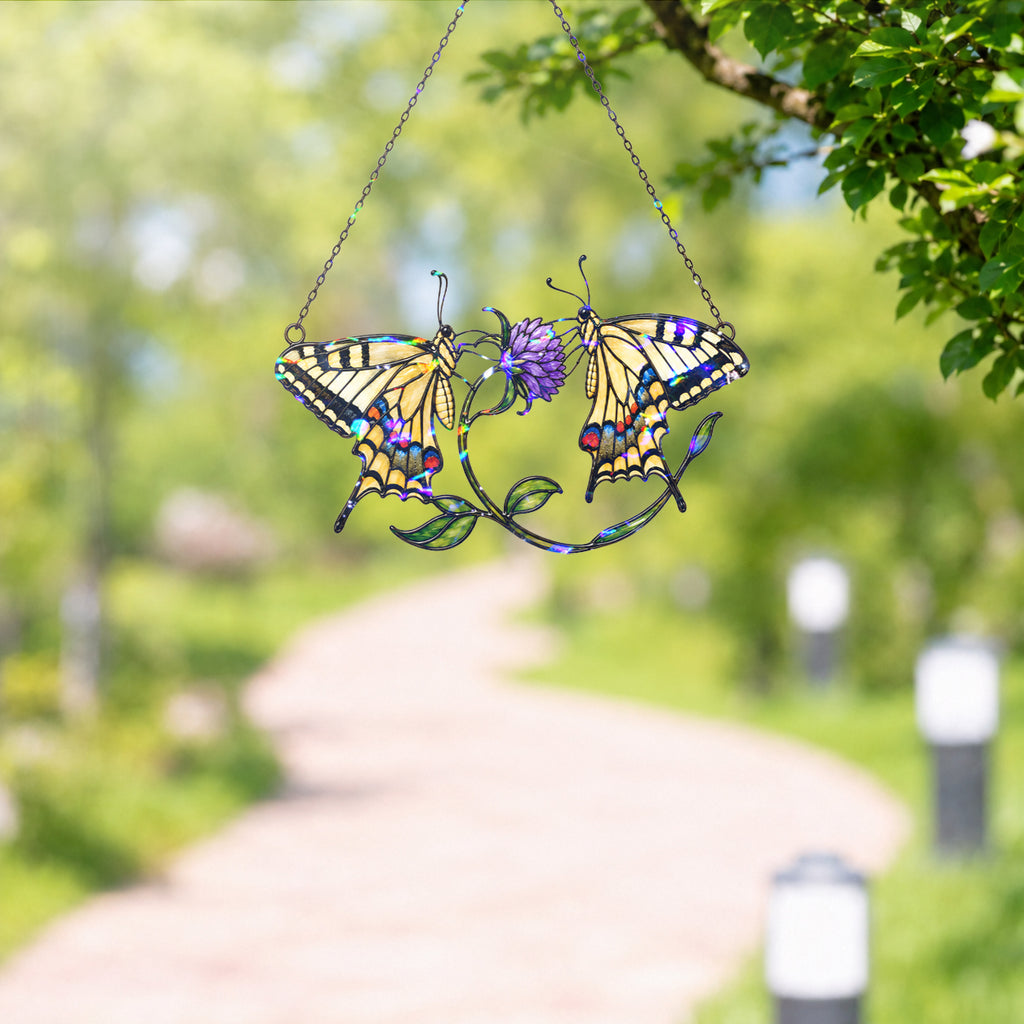 Twin Swallowtail Butterflies & Purple Clover Holographic Acrylic Suncatcher