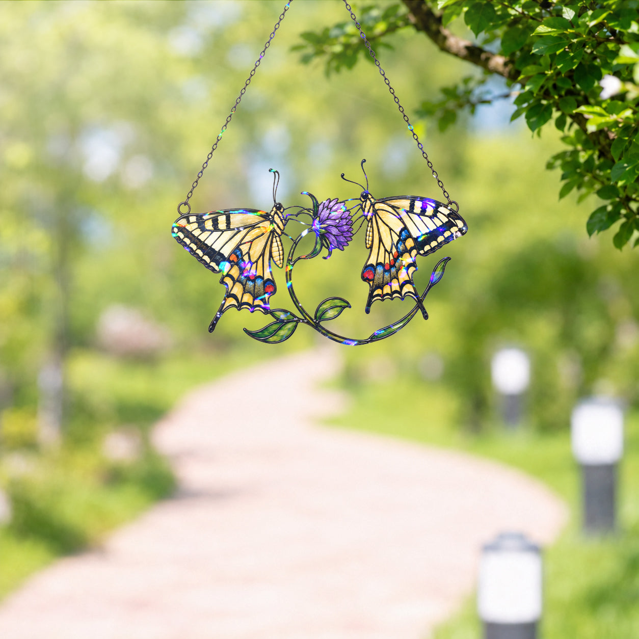 Twin Swallowtail Butterflies & Purple Clover Holographic Acrylic Suncatcher